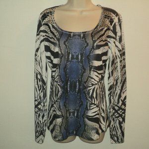Cache Animal Print Top Small Gray & Blue Beaded